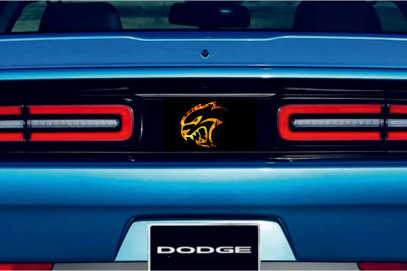 Dodge Challenger trunk rear emblem between tail lights with Hellcat Fire logo - Image 2