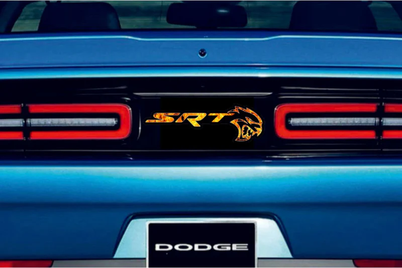 Dodge Challenger trunk rear emblem between tail lights with SRT Hellcat Fire logo - Image 3